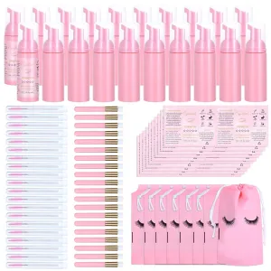 100 Pcs Lash Shampoo Bottle Brushes Set 20 Empty Foam Pump Dispensers 20 Label Stickers 20 Mascara Wands and Tubes 20 Cleansing Brush 20 Bag for Eyelash Extensions Aftercare(Pink)