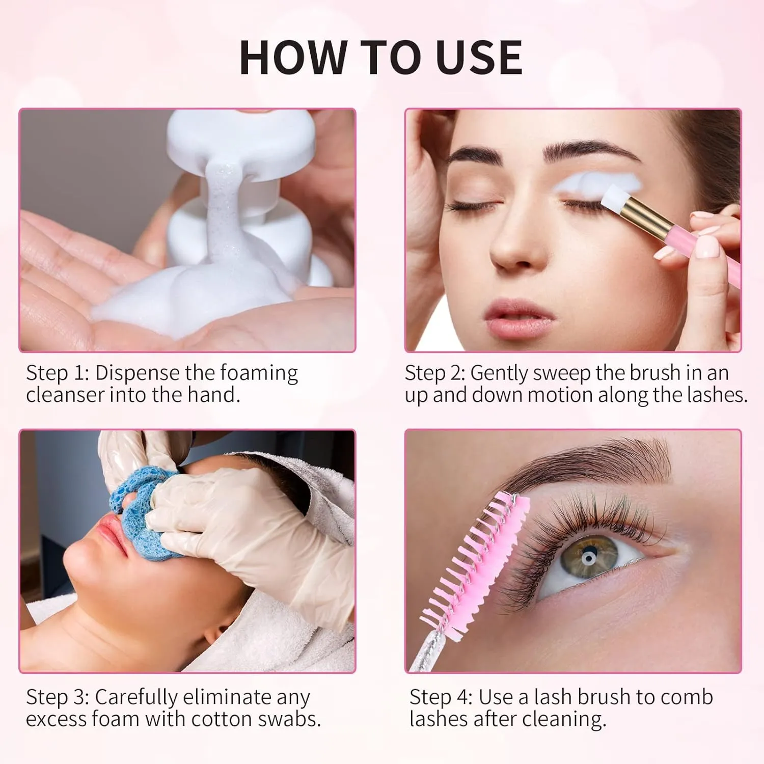 100 Pcs Lash Shampoo Bottle Brushes Set 20 Empty Foam Pump Dispensers 20 Label Stickers 20 Mascara Wands and Tubes 20 Cleansing Brush 20 Bag for Eyelash Extensions Aftercare(Pink)