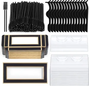 175 Pieces Lash Packaging Wholesale, Include 30 Empty Eyelashes Packaging Box, 30 False Lash Trays, 15 Eyelash Tweezers and 100 Eyelash Brush Mascara Wands Disposable (Black)