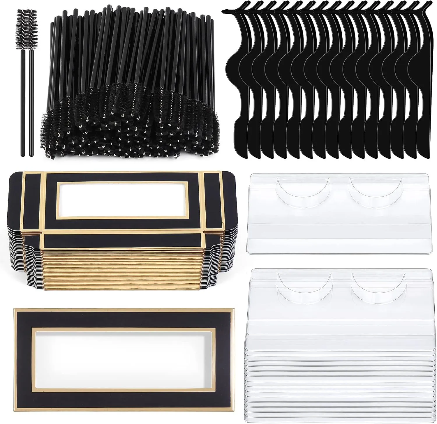 175 Pieces Lash Packaging Wholesale, Include 30 Empty Eyelashes Packaging Box, 30 False Lash Trays, 15 Eyelash Tweezers and 100 Eyelash Brush Mascara Wands Disposable (Black)