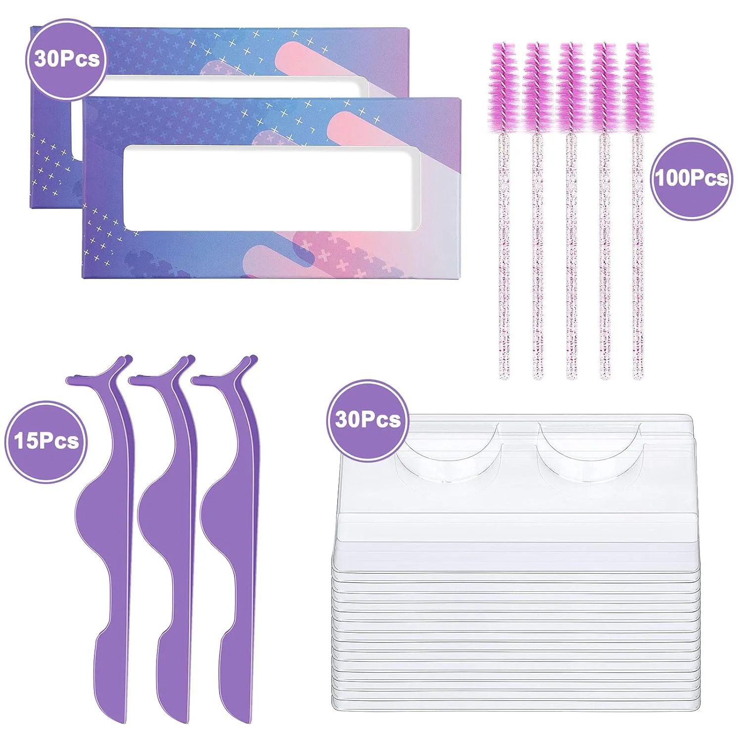 175 Pieces Lash Packaging Wholesale, Include 30 Empty Eyelashes Packaging Box, 30 False Lash Trays, 15 Eyelash Tweezers and 100 Eyelash Brush Mascara Wands Disposable (Purple)