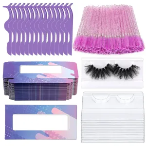 175 Pieces Lash Packaging Wholesale, Include 30 Empty Eyelashes Packaging Box, 30 False Lash Trays, 15 Eyelash Tweezers and 100 Eyelash Brush Mascara Wands Disposable (Purple)