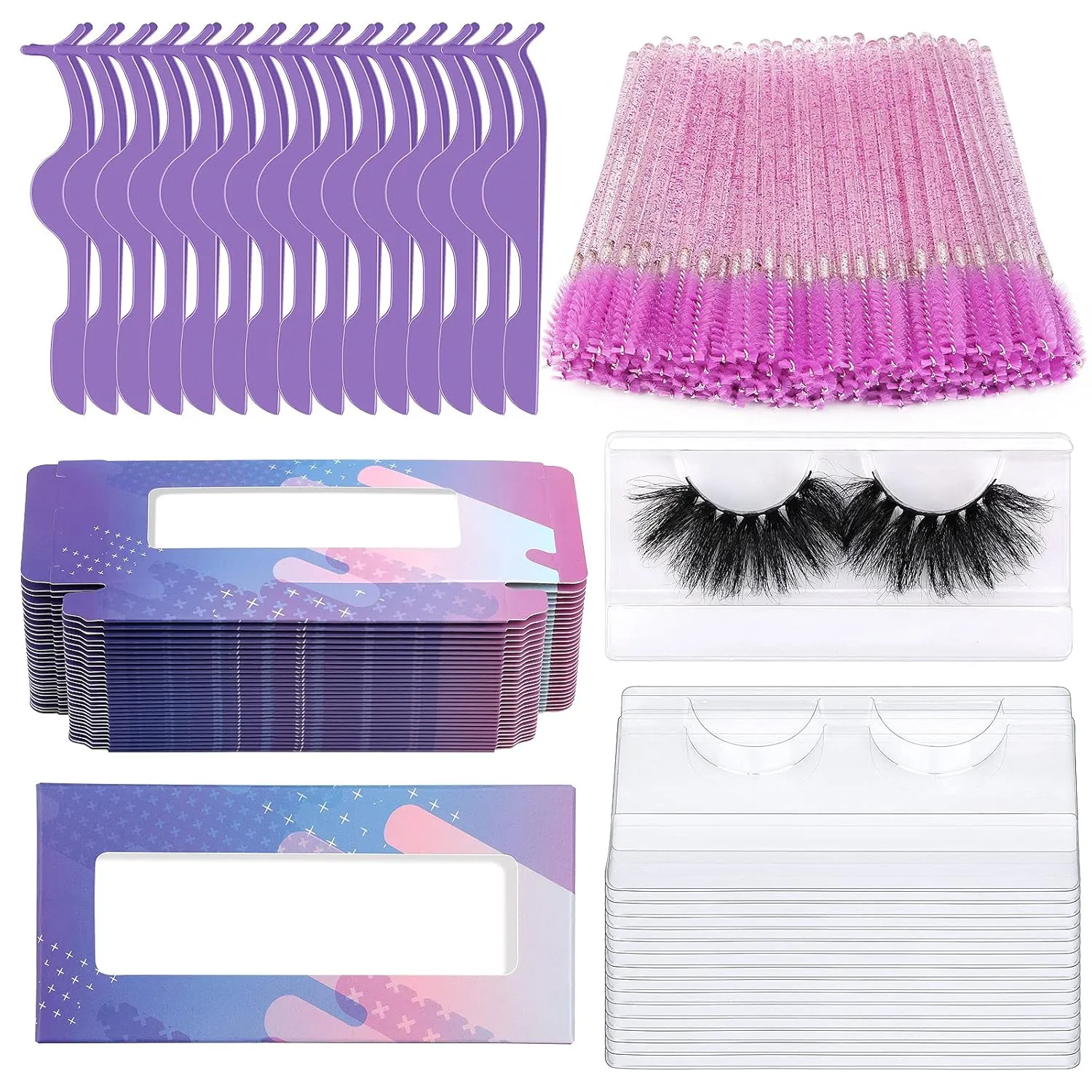 175 Pieces Lash Packaging Wholesale, Include 30 Empty Eyelashes Packaging Box, 30 False Lash Trays, 15 Eyelash Tweezers and 100 Eyelash Brush Mascara Wands Disposable (Purple)