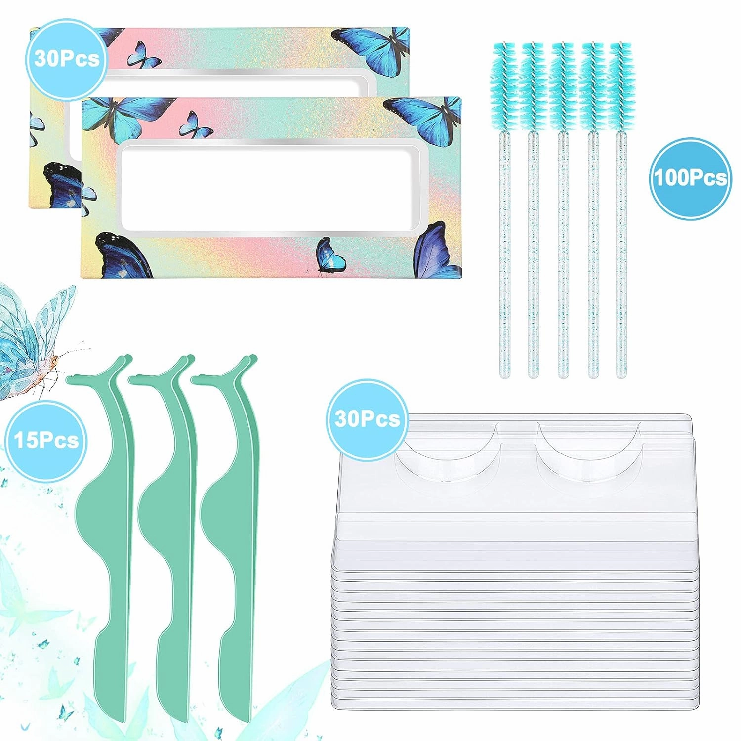 175 Pieces Lash Packaging Wholesale, Include 30 Empty Eyelashes Packaging Box, 30 False Lash Trays, 15 Eyelash Tweezers and 100 Eyelash Brush Mascara Wands Disposable (Green)
