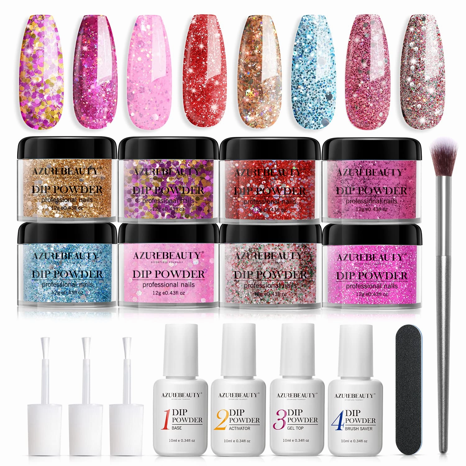19 Pcs Dip Powder Nail Kit Starter, AZUREBEAUTY Nude Pink Red Glitter White Dipping Powder Nail Kit System Essential Kit for Nail Dip Powder System with Base Top Coat Activator for Women Gift