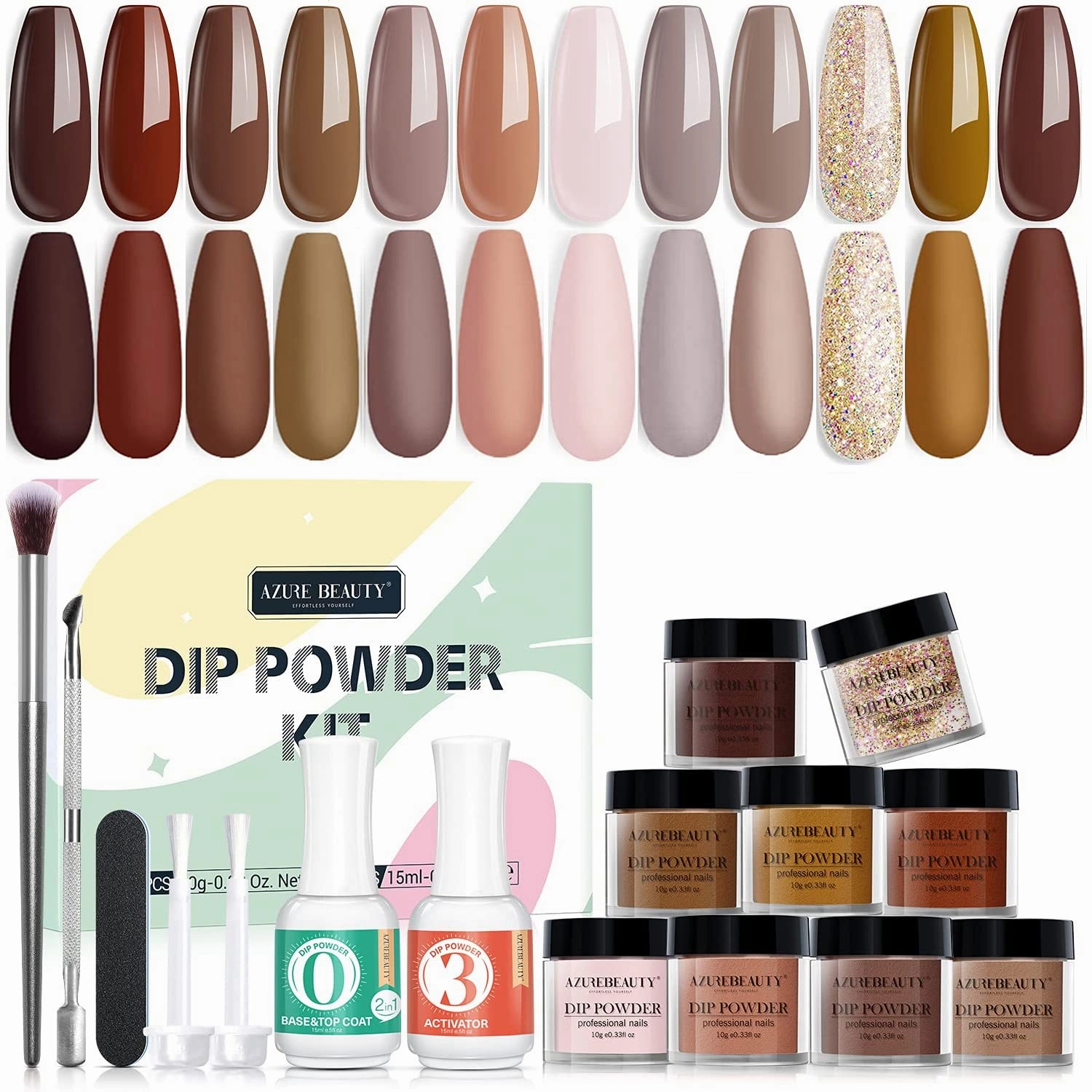 19 Pcs Dip Powder Nail Kit Starter, AZUREBEAUTY Nude Pink Red Glitter White Dipping Powder Nail Kit System Essential Kit for Nail Dip Powder System with Base Top Coat Activator for Women Gift