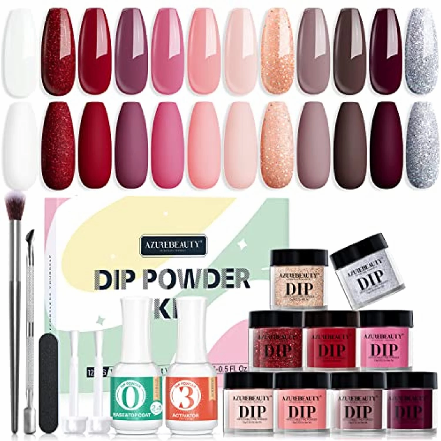 19 Pcs Dip Powder Nail Kit Starter, AZUREBEAUTY Nude Pink Red Glitter White Dipping Powder Nail Kit System Essential Kit for Nail Dip Powder System with Base Top Coat Activator for Women Gift