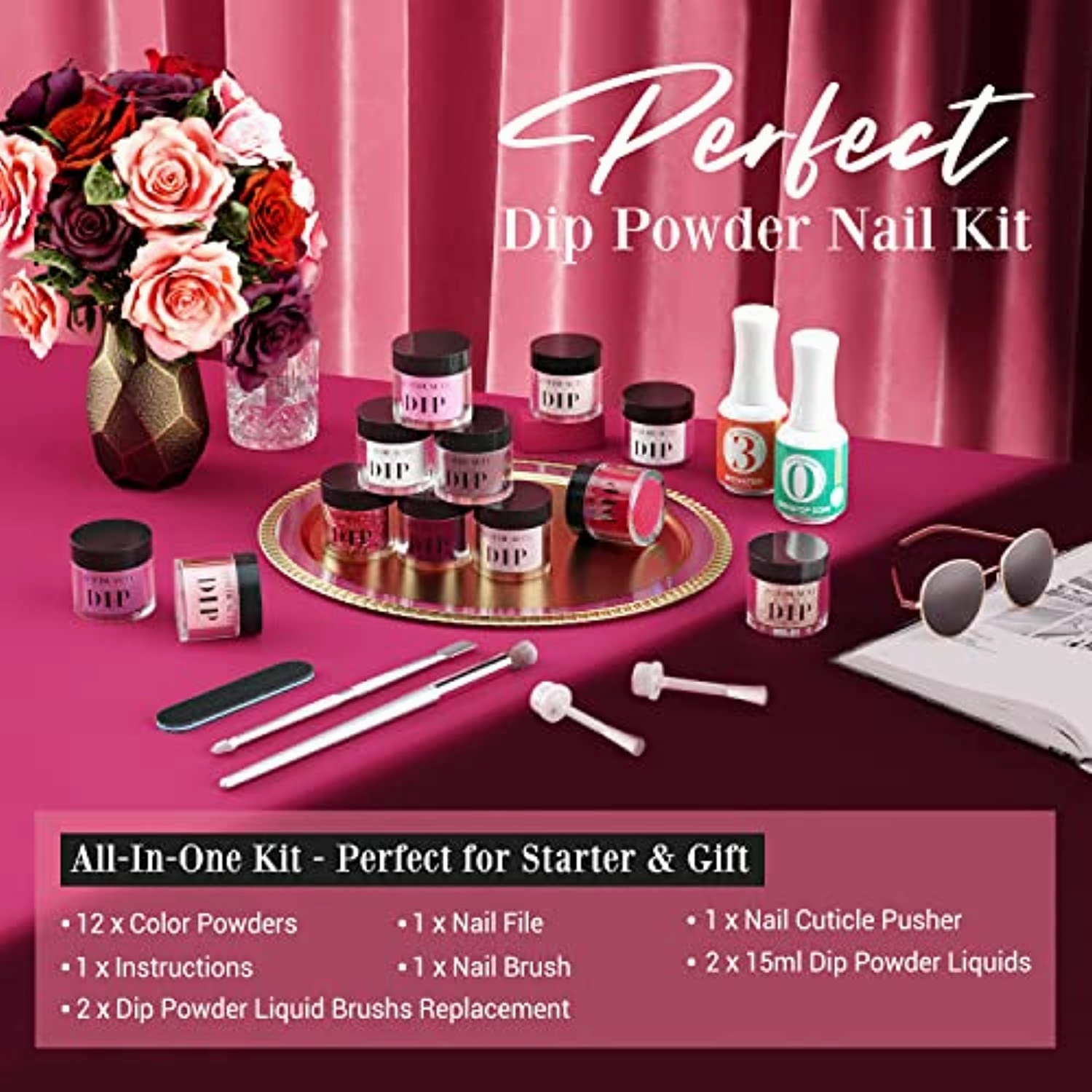 19 Pcs Dip Powder Nail Kit Starter, AZUREBEAUTY Nude Pink Red Glitter White Dipping Powder Nail Kit System Essential Kit for Nail Dip Powder System with Base Top Coat Activator for Women Gift