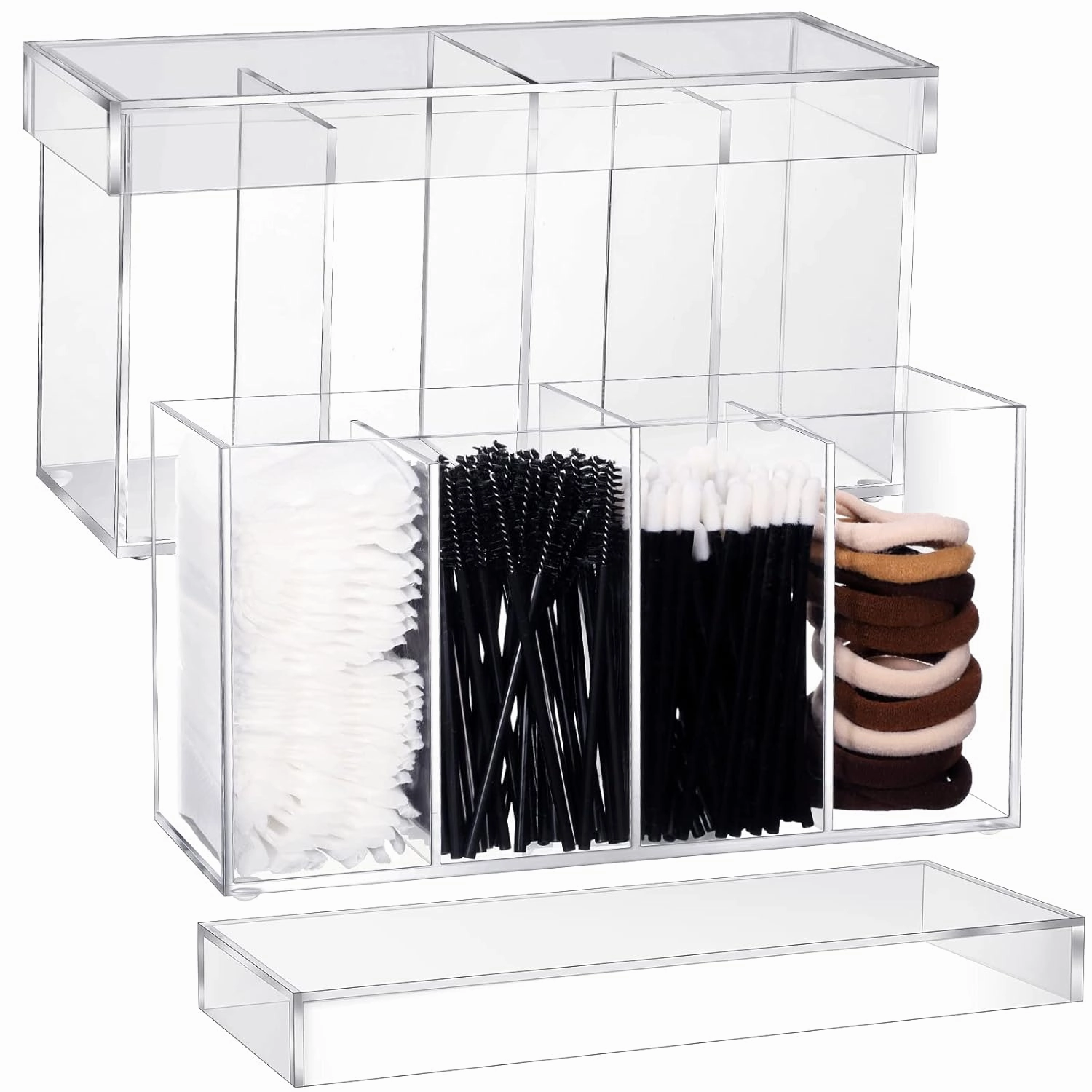 2 Pack 4 Compartment Acrylic Makeup Organizer and Storage with Lid Bathroom Storage with 4 Tray Eyelash Mascara Brushes Organizer Brush Holder for Cosmetics, Cotton Balls or Office Supplies