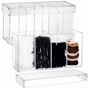 2 Pack 4 Compartment Acrylic Makeup Organizer and Storage with Lid Bathroom Storage with 4 Tray Eyelash Mascara Brushes Organizer Brush Holder for Cosmetics, Cotton Balls or Office Supplies