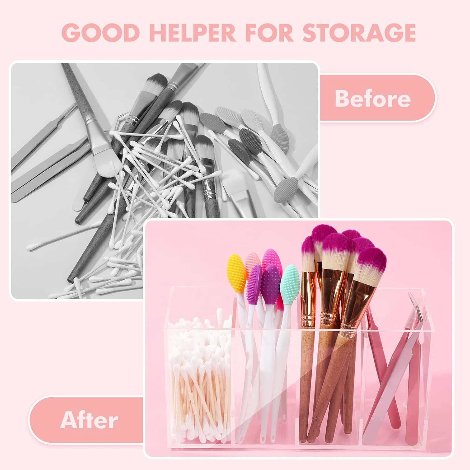 2 Pack 4 Compartment Acrylic Makeup Organizer and Storage with Lid Bathroom Storage with 4 Tray Eyelash Mascara Brushes Organizer Brush Holder for Cosmetics, Cotton Balls or Office Supplies
