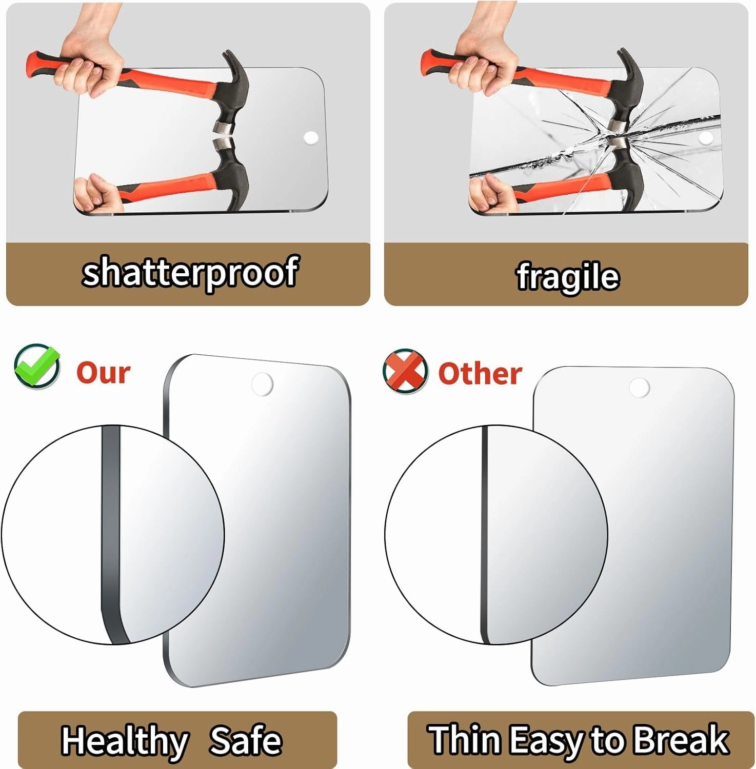 2 Pack Shower Mirror Fogless for Shaving, Larger 10.7X8 Inch Plexiglass Hand Mirror for Shower, Plastic Small Wall Mirror for Travel, Unbreakable Shower Little Mirror, Camping Mirror, Hanging, Espejos