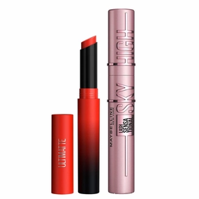 2pk SET Maybelline Sensational Ultimatte Matte Lipstick 299 More Scarlet   Sky High Mascara 01 Very Black