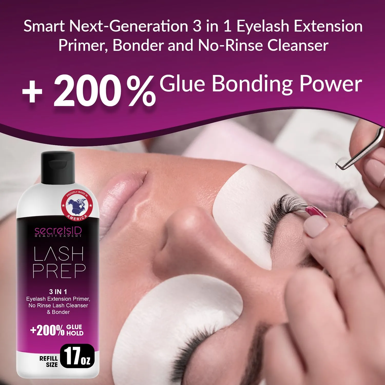 3 in 1 Eyelash Extension Primer Bulk 16 Oz - No Rinse Lash Cleanser and Bonder - Made in America Kit with 100 Wands for Lash Technicians and Brow Stylists for Optimal Retention - Green Apple Scent