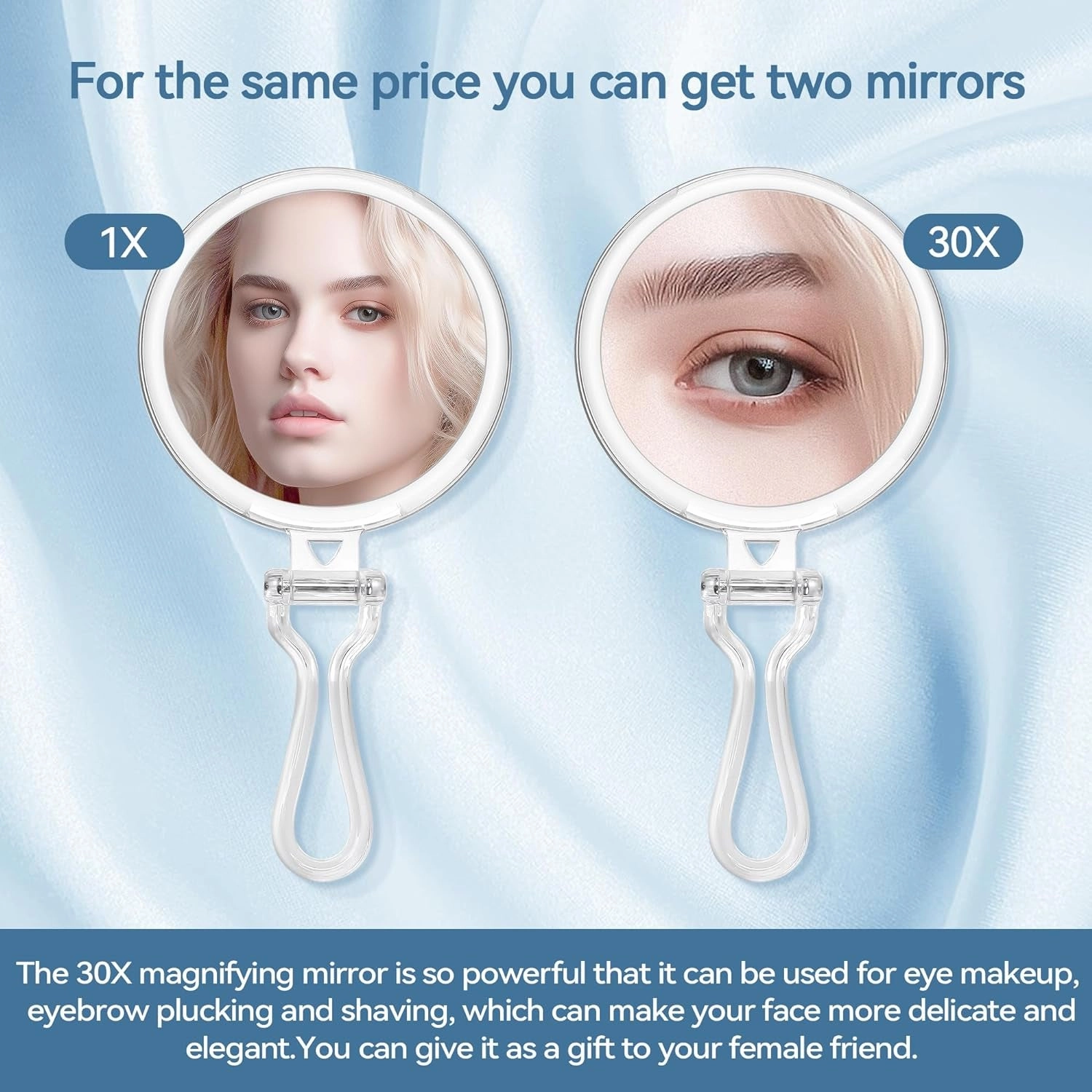 30X Magnifying Mirror for Travel with Handle, Double-Sided 1X/30X Magnification Hand Mirror for Makeup