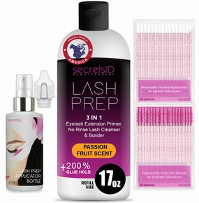 3 in 1 Eyelash Extension Primer Bulk 16 Oz - No Rinse Lash Cleanser and Bonder - Made in America Kit with 100 Wands for Lash Technicians and Brow Stylists for Optimal Retention - Passion Fruit Scent