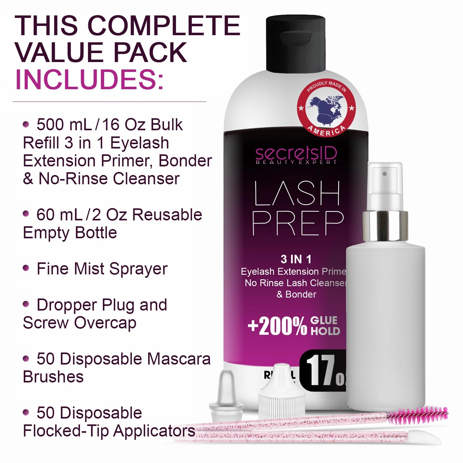 3 in 1 Eyelash Extension Primer Bulk 16 Oz - No Rinse Lash Cleanser and Bonder - Made in America Kit with 100 Wands for Lash Technicians and Brow Stylists for Optimal Retention - Passion Fruit Scent