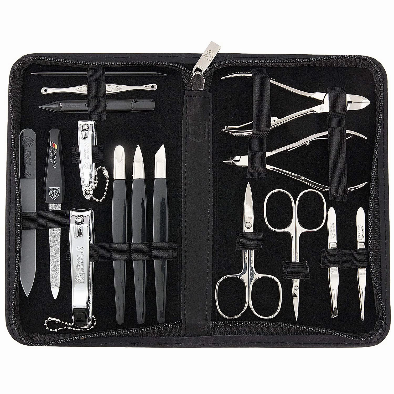 3 Swords Germany - brand quality 16 piece manicure pedicure grooming kit set for professional finger & toe nail care scissors clipper fashion leather case in gift box, Made in Solingen Germany (01597)