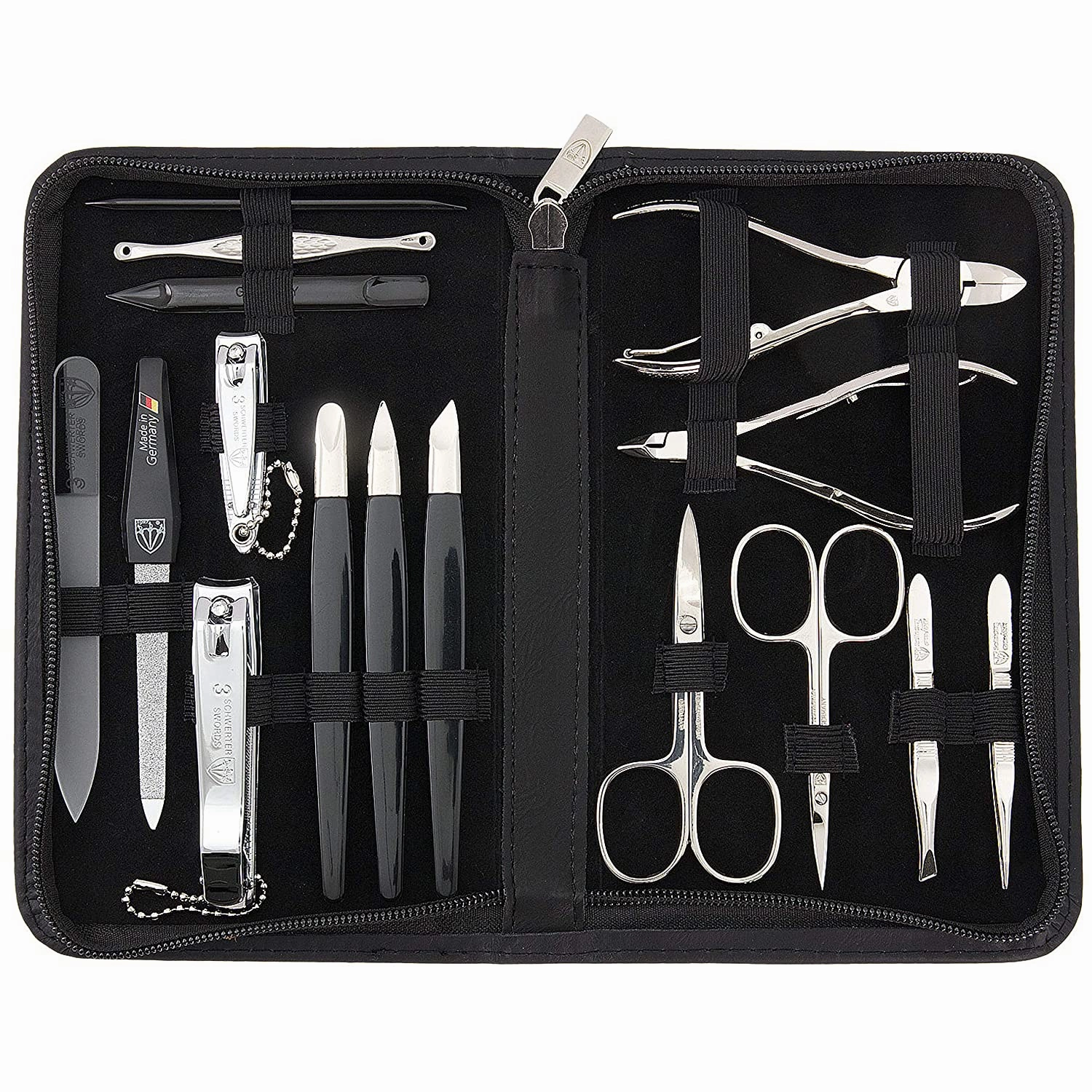 3 Swords Germany - brand quality 16 piece manicure pedicure grooming kit set for professional finger & toe nail care scissors clipper fashion leather case in gift box, Made in Solingen Germany (01597)