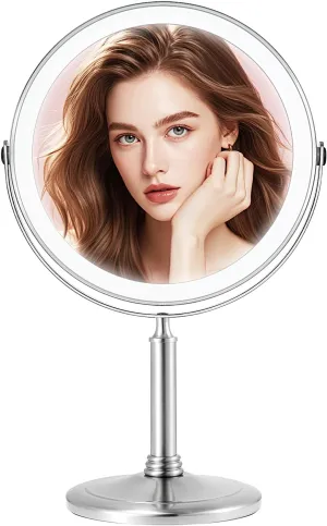 4000mAh Large Rechargeable Lighted Makeup Mirror Nickel, 2-Sided 1X/10X HD Undistorted 8" Magnifying Mirror with 3 Color Lights Dimmable, 360° Swivel Seamless Cordless Travel Vanity Mirror -Detachable