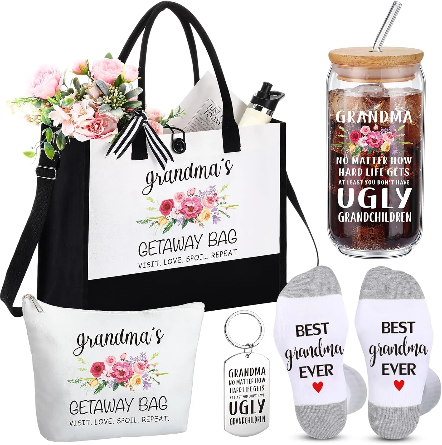 5 Pack Grandma Gifts for Mother's Day, Best Grandmother Ever Gift for Birthday, Grandma's Tote Bag, Makeup Bag,16 oz Drinking Glass, Socks and Keychain