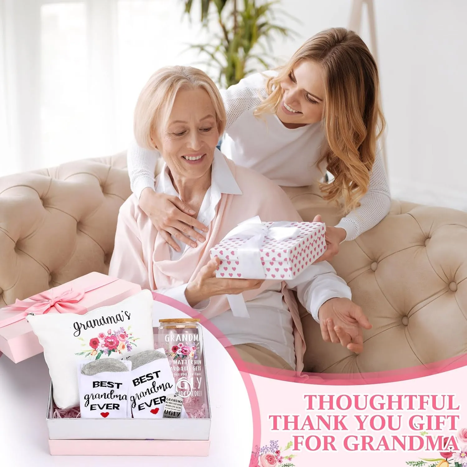 5 Pack Grandma Gifts for Mother's Day, Best Grandmother Ever Gift for Birthday, Grandma's Tote Bag, Makeup Bag,16 oz Drinking Glass, Socks and Keychain