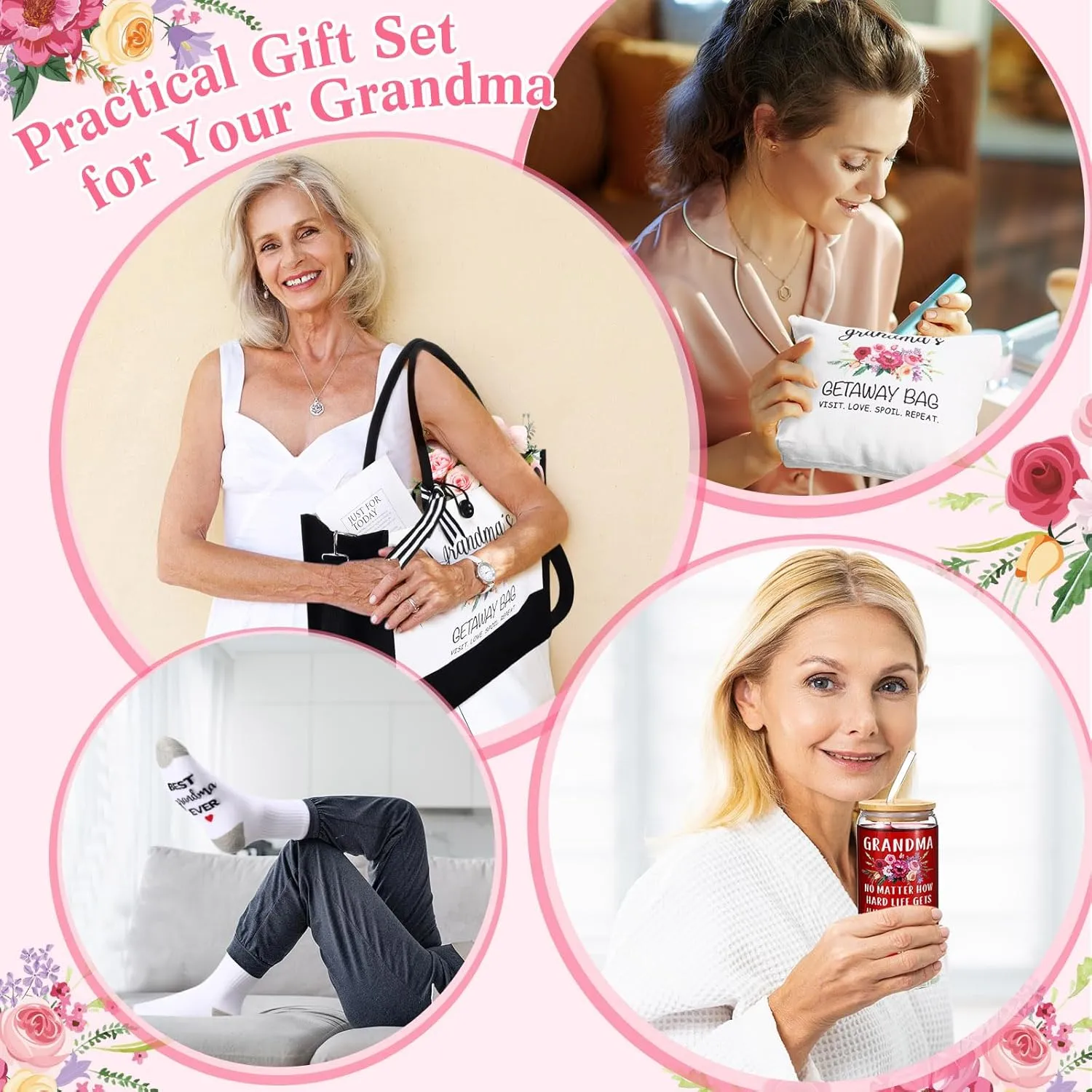 5 Pack Grandma Gifts for Mother's Day, Best Grandmother Ever Gift for Birthday, Grandma's Tote Bag, Makeup Bag,16 oz Drinking Glass, Socks and Keychain