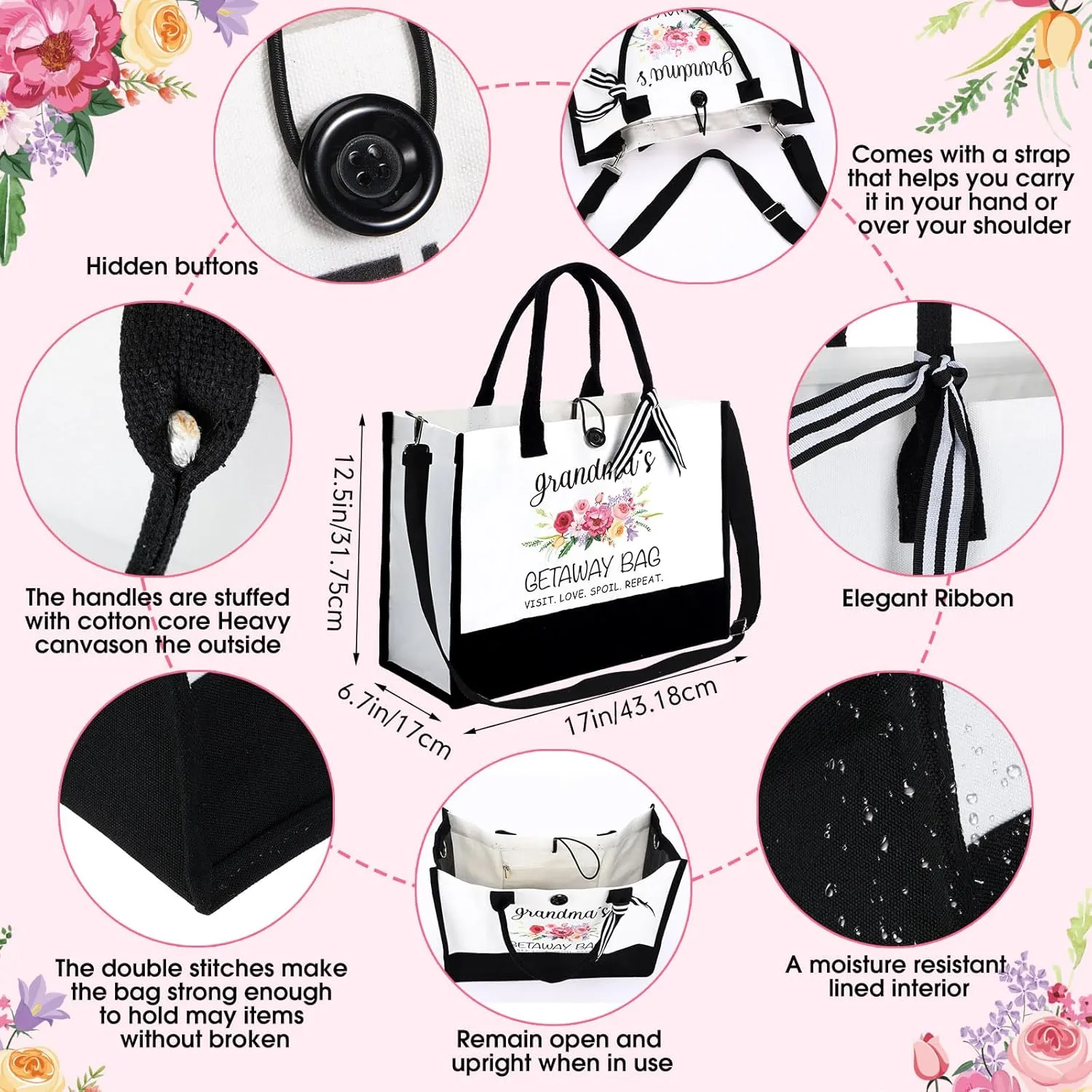 5 Pack Grandma Gifts for Mother's Day, Best Grandmother Ever Gift for Birthday, Grandma's Tote Bag, Makeup Bag,16 oz Drinking Glass, Socks and Keychain