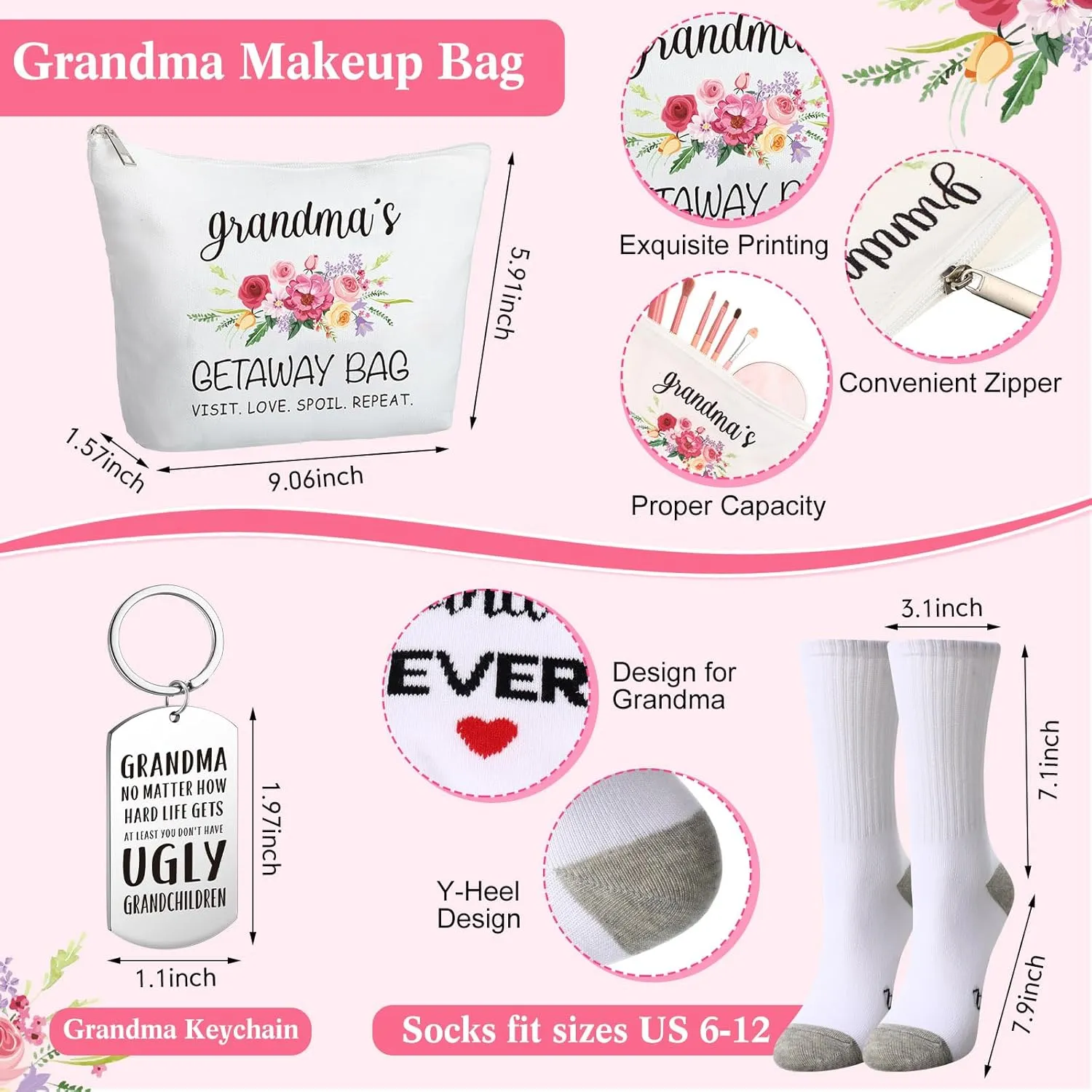 5 Pack Grandma Gifts for Mother's Day, Best Grandmother Ever Gift for Birthday, Grandma's Tote Bag, Makeup Bag,16 oz Drinking Glass, Socks and Keychain