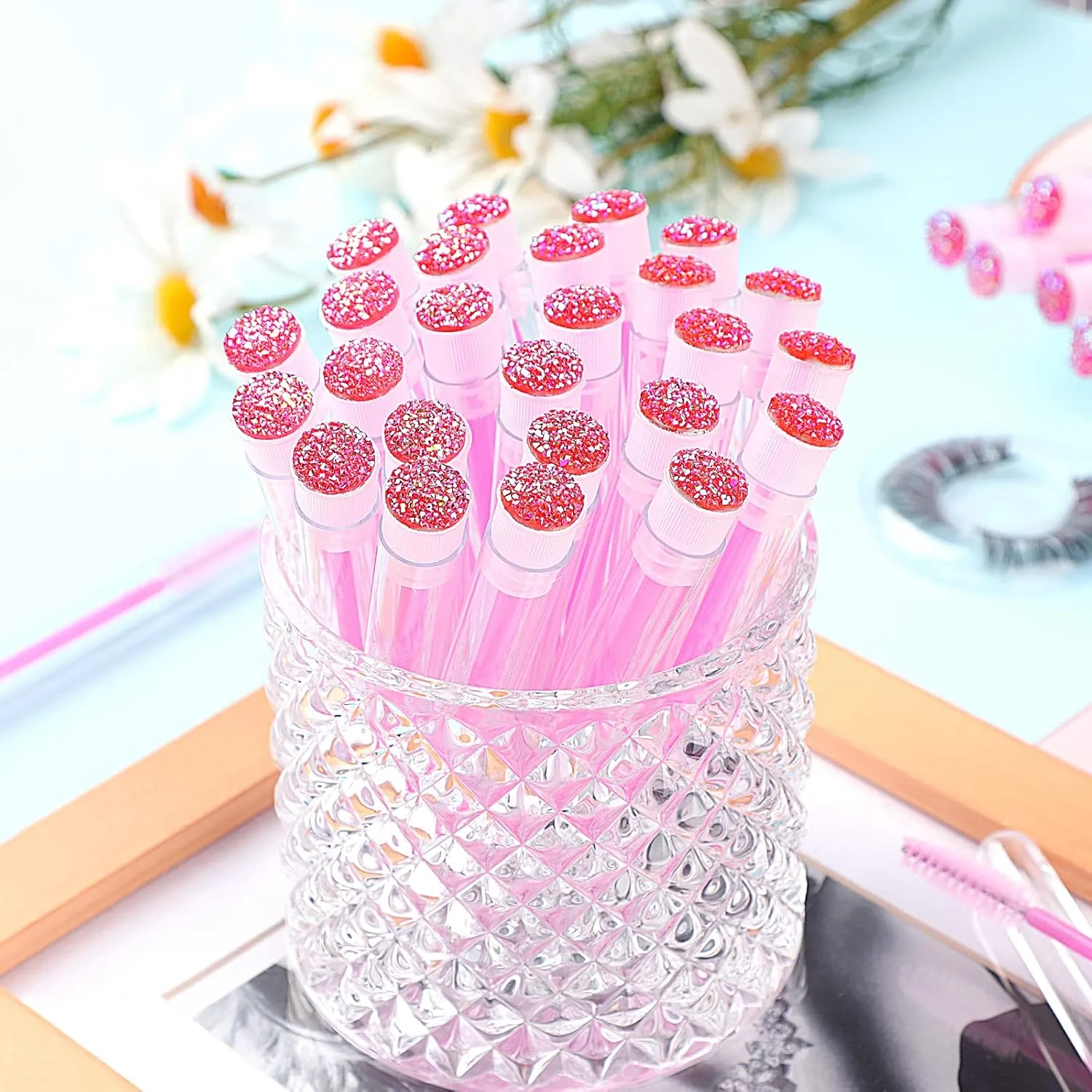 50-Piece Disposable Mascara Brushes - Eyelash Brushes, Diamond Mascara Wands with Tube, Makeup Tool, Lash Spoolies, Sanitary Brushes, Lash Extension Supplies (Tube Star D Pink 50)