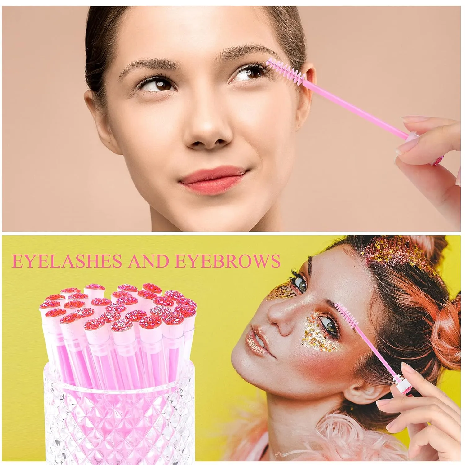 50-Piece Disposable Mascara Brushes - Eyelash Brushes, Diamond Mascara Wands with Tube, Makeup Tool, Lash Spoolies, Sanitary Brushes, Lash Extension Supplies (Tube Star D Pink 50)