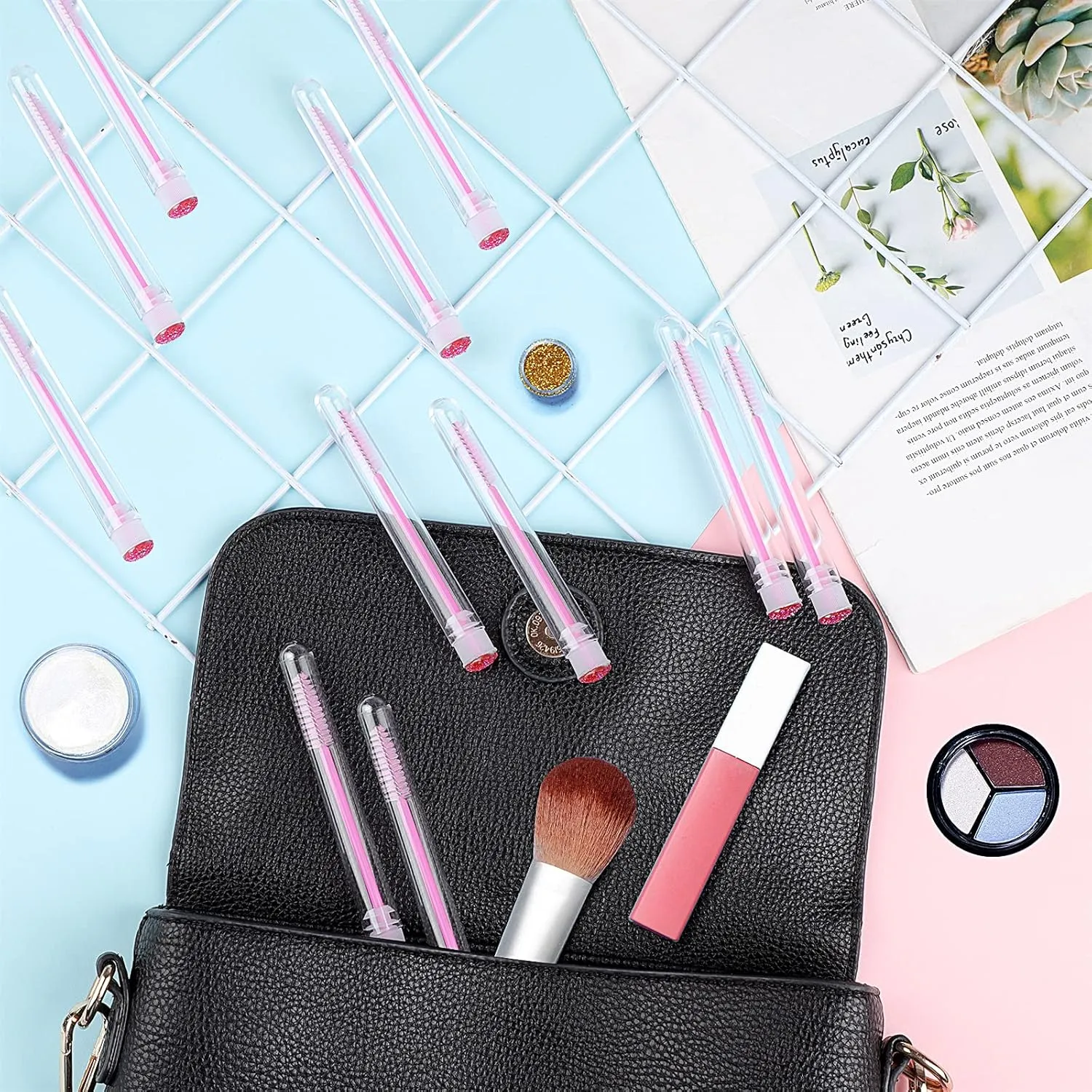 50-Piece Disposable Mascara Brushes - Eyelash Brushes, Diamond Mascara Wands with Tube, Makeup Tool, Lash Spoolies, Sanitary Brushes, Lash Extension Supplies (Tube Star D Pink 50)