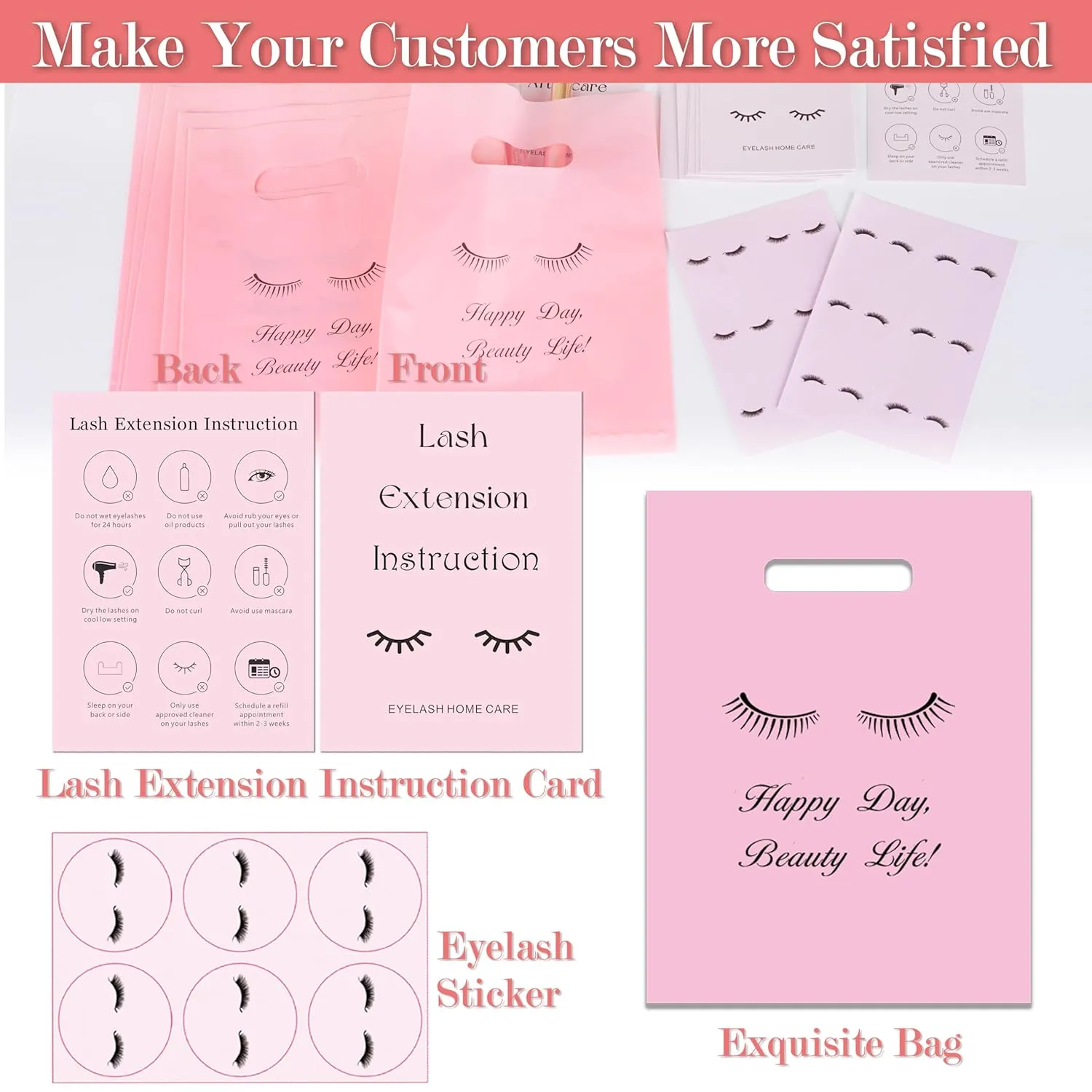 52PCS Lash Shampoo Bottles Brushes Set, 10pcs Foam Pump Dispenser, Lash Cleaning Brush, Eyelash Extension Tube Brush, Instructions Cards, Lash bags, 2pcs Eyelash Stickers for Business Clients (pink)