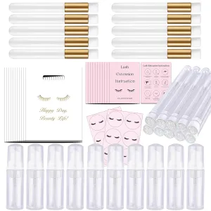 52PCS Lash Shampoo Bottles Brushes Set, 10pcs Foam Pump Dispenser, Lash Cleaning Brush, Eyelash Extension Tube Brush, Instructions Cards, Lash bags, 2pcs Eyelash Stickers for Business Clients (white)