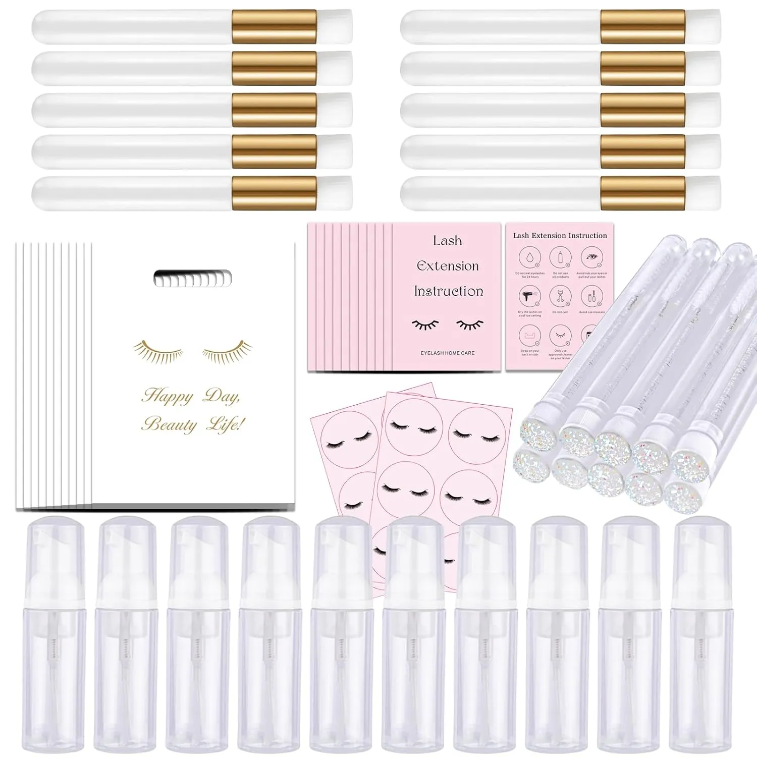 52PCS Lash Shampoo Bottles Brushes Set, 10pcs Foam Pump Dispenser, Lash Cleaning Brush, Eyelash Extension Tube Brush, Instructions Cards, Lash bags, 2pcs Eyelash Stickers for Business Clients (white)