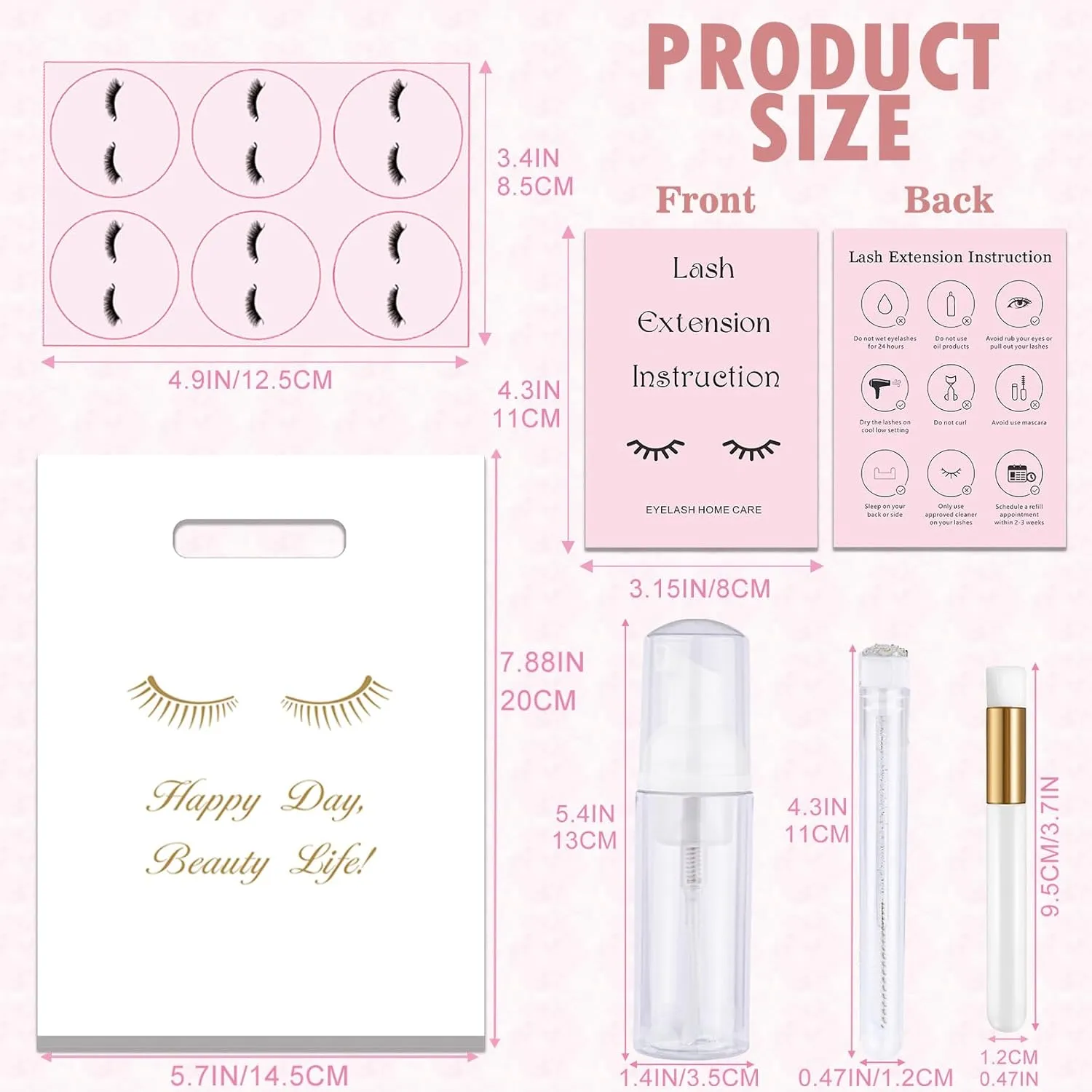 52PCS Lash Shampoo Bottles Brushes Set, 10pcs Foam Pump Dispenser, Lash Cleaning Brush, Eyelash Extension Tube Brush, Instructions Cards, Lash bags, 2pcs Eyelash Stickers for Business Clients (white)