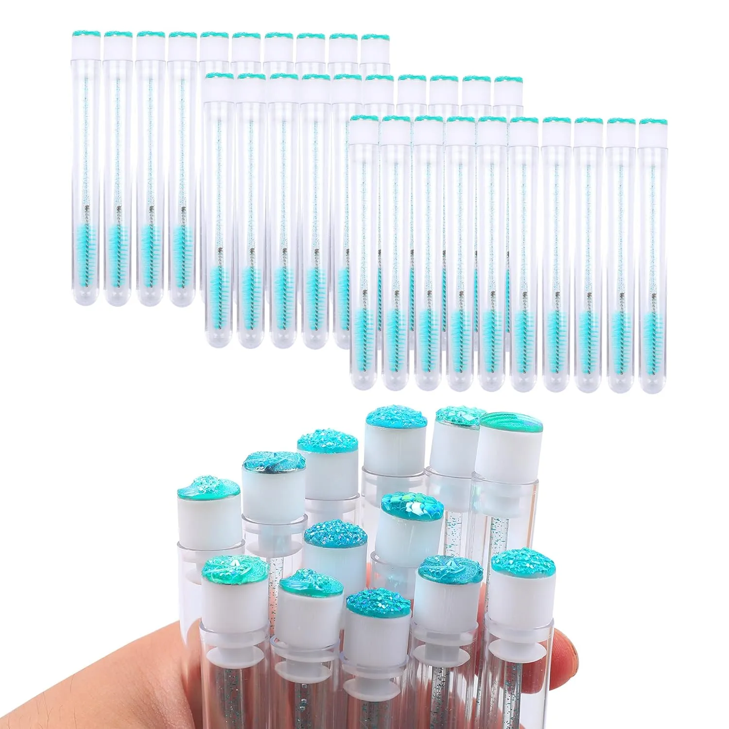 60 Pcs Lash Disposable Mascara Brushes Diamond Eyelash Spoolies Makeup Brush Mascara Wand in Sanitary Tube Lash Supplies (Turquoise)
