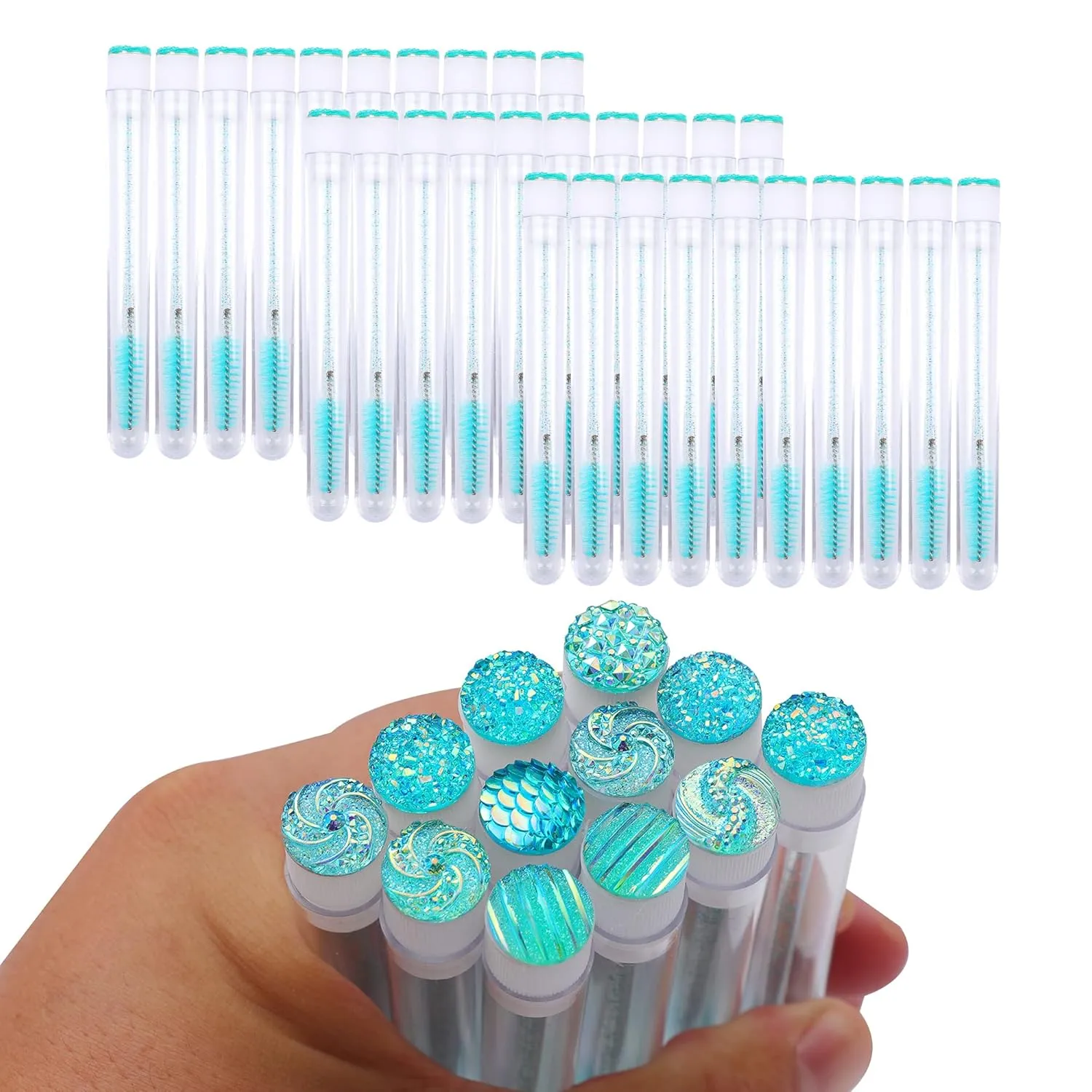 60 Pcs Lash Disposable Mascara Brushes Diamond Eyelash Spoolies Makeup Brush Mascara Wand in Sanitary Tube Lash Supplies (Turquoise)