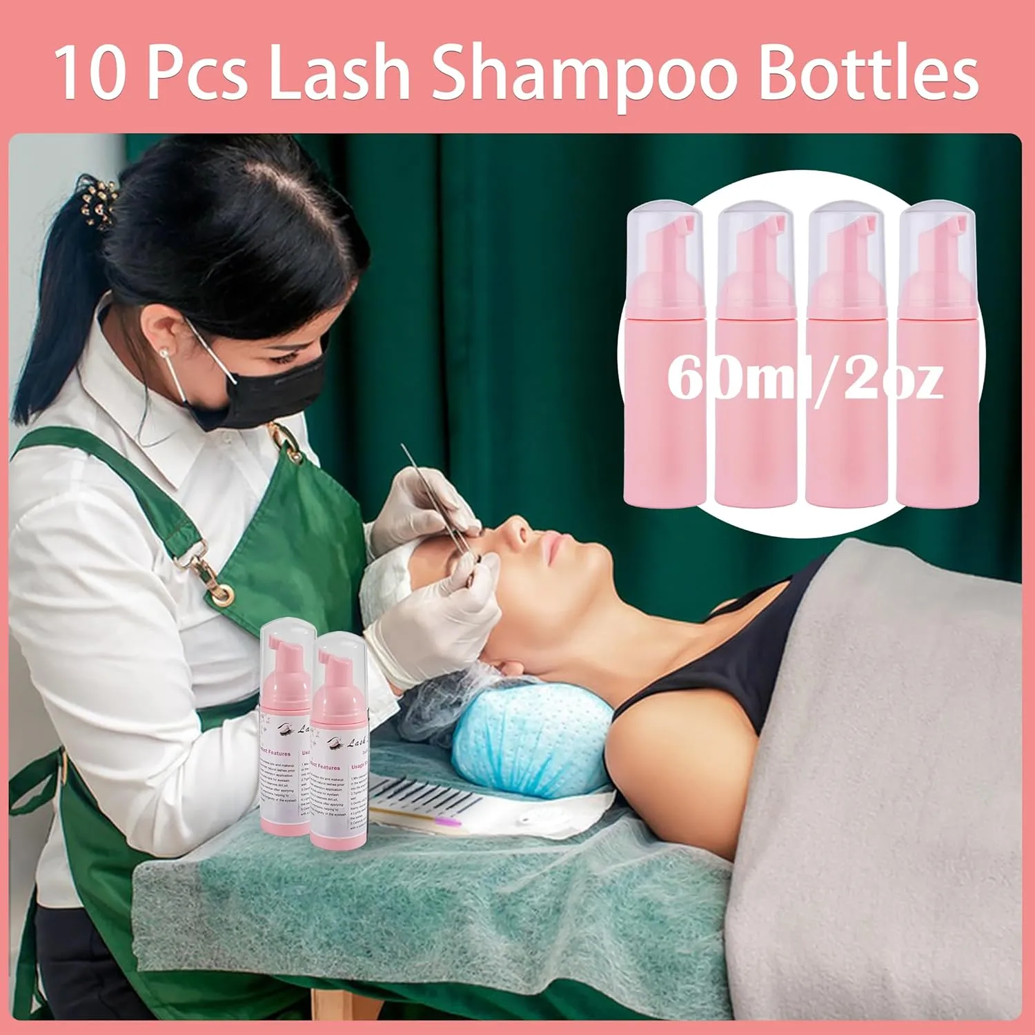 60pcs Lash Extension Cleaning Kit for Clients,10pcs Lash Brushes,10pcs Eyelash Brush with Tubes,10pcs Lash Bottles,10pcs Eyelash Bags,10pcs Lash Shampoo Stickers,10pcs Instruction Card (Pink 2)