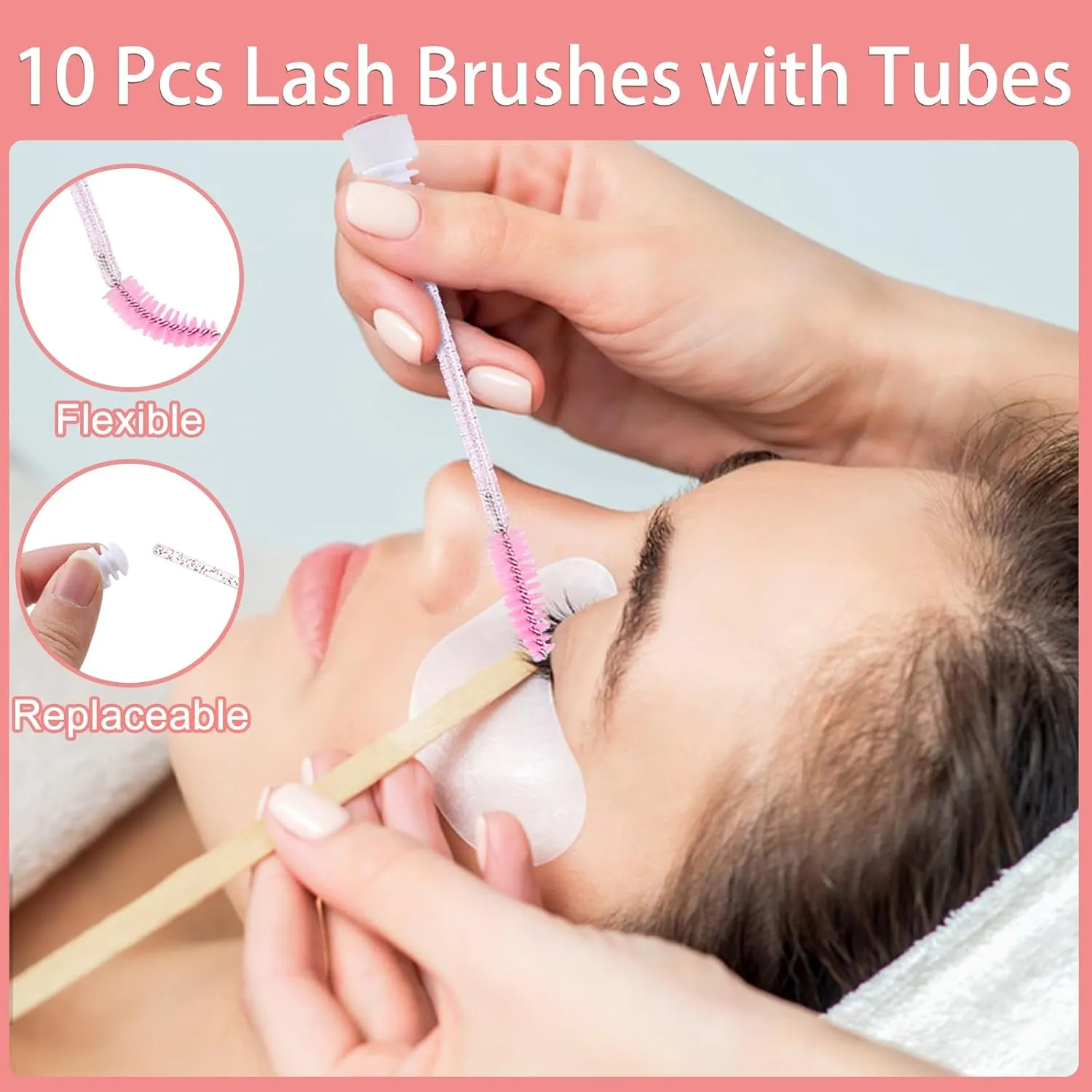 60pcs Lash Extension Cleaning Kit for Clients,10pcs Lash Brushes,10pcs Eyelash Brush with Tubes,10pcs Lash Bottles,10pcs Eyelash Bags,10pcs Lash Shampoo Stickers,10pcs Instruction Card (Pink 2)
