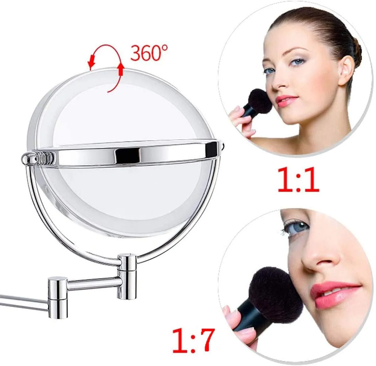 7X Magnification Wall Mounted Makeup Mirror, 8inch Bathroom Mirror Round Make Up Mirror 360 Rotation Double-Sided Mirror,USB Rechargeable Ideal for Makeup, Shaving, Facial Care