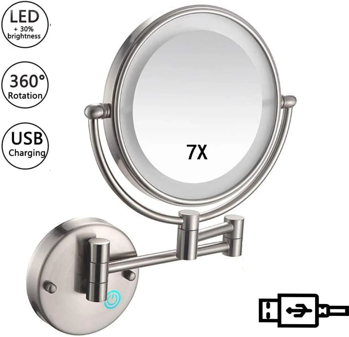 7X Magnification Wall Mounted Makeup Mirror, 8inch Bathroom Mirror Round Make Up Mirror 360 Rotation Double-Sided Mirror,USB Rechargeable Ideal for Makeup, Shaving, Facial Care