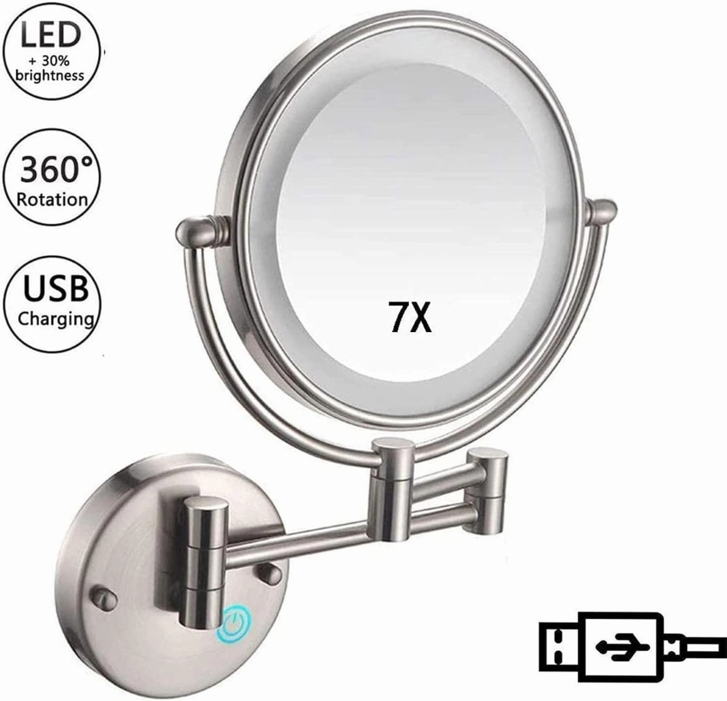 8inch Bathroom Mirror Round Make Up Mirror 360 Rotation Double- Sided Mirror, USB Rechargeable Ideal for Makeup, Shaving(Nickel Brushed)