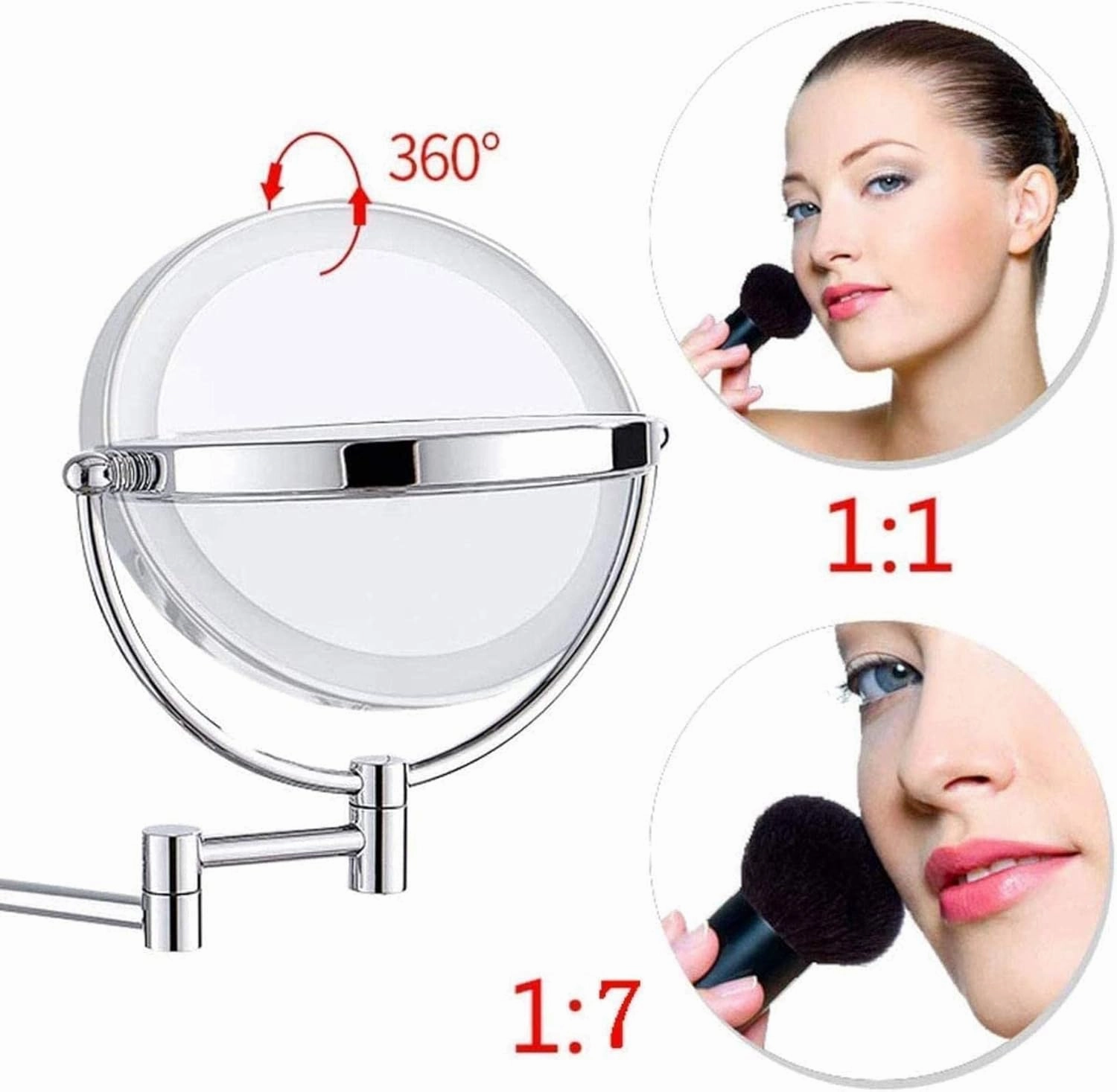 8inch Bathroom Mirror Round Make Up Mirror 360 Rotation Double- Sided Mirror, USB Rechargeable Ideal for Makeup, Shaving(Nickel Brushed)