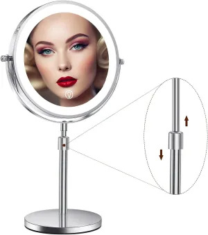 8" Lighted Makeup Mirror with Magnification 10x and 3 Color Light 2500mAh Rechargeable Height Adjustable 360° Rotation Double Sided LED Vanity Mirror for Desk (Silver)