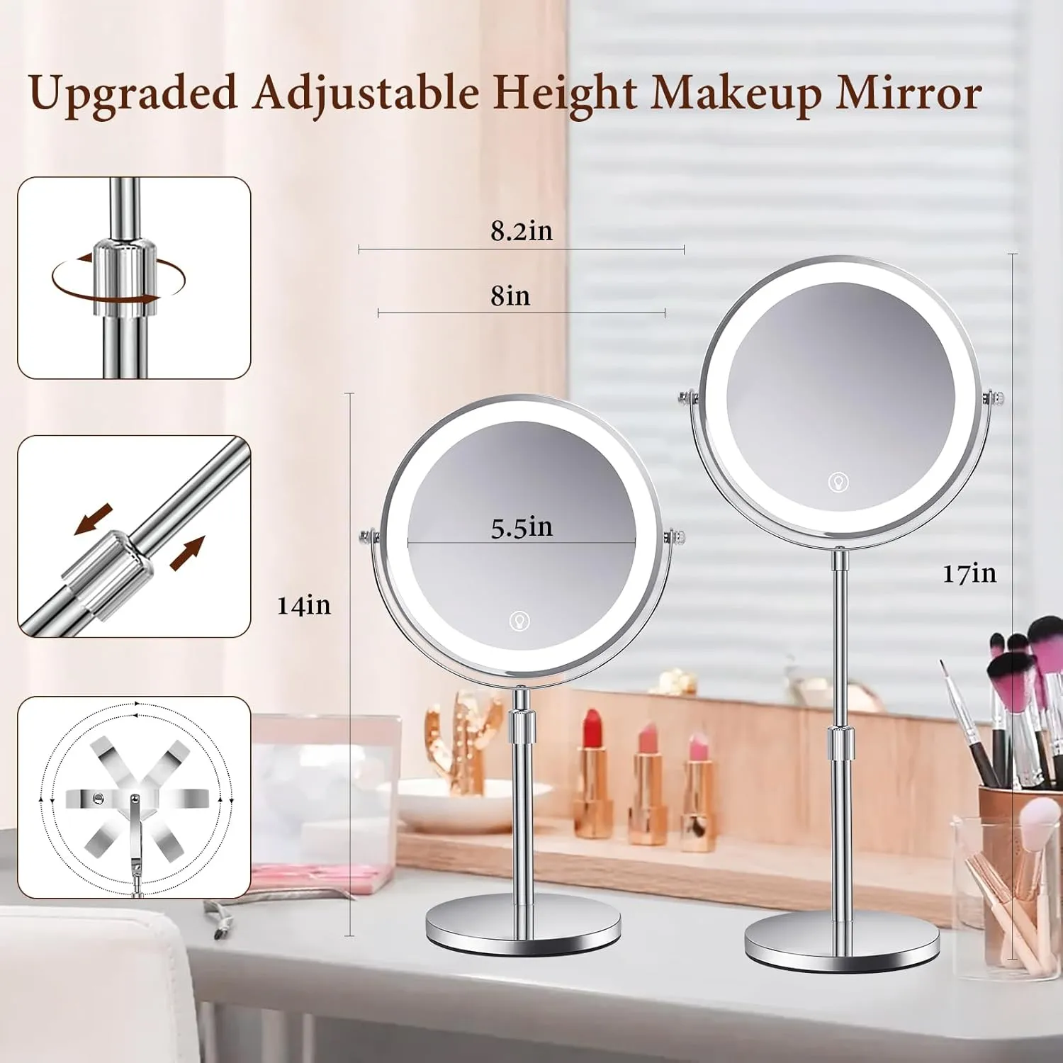 8" Lighted Makeup Mirror with Magnification 10x and 3 Color Light 2500mAh Rechargeable Height Adjustable 360° Rotation Double Sided LED Vanity Mirror for Desk (Silver)