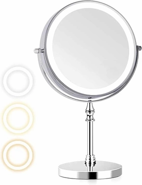 9“ Lighted Makeup Mirror - Rechargeable 3000 mAh, Type C Socket,Double-Sided 1x/10x Magnification, 3 Color Modes, 360° Rotation, Adjustable Brightness Vanity Mirror, for Women