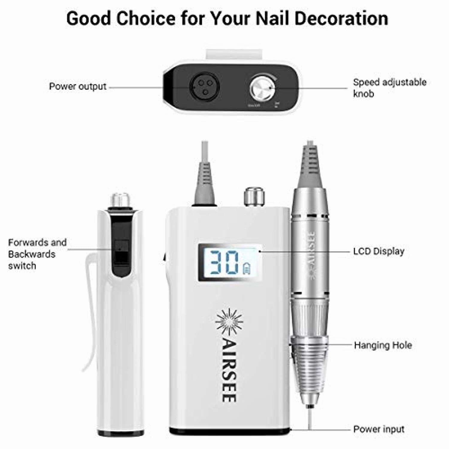 AIRSEE Rechargeable 30000RPM Electric Nail Drill Professional Portable E File Machine for Acrylic Nails   Tungsten Carbide Electric Nail Drill Bits Set for Acrylic Nails 3/32”