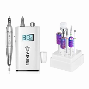 AIRSEE Rechargeable 30000RPM Electric Nail Drill Professional Portable E File Machine for Acrylic Nails   Tungsten Carbide Electric Nail Drill Bits Set for Acrylic Nails 3/32”