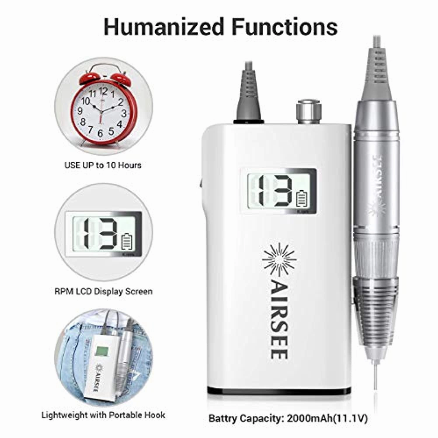 AIRSEE Rechargeable 30000RPM Electric Nail Drill Professional Portable E File Machine for Acrylic Nails   Tungsten Carbide Electric Nail Drill Bits Set for Acrylic Nails 3/32”